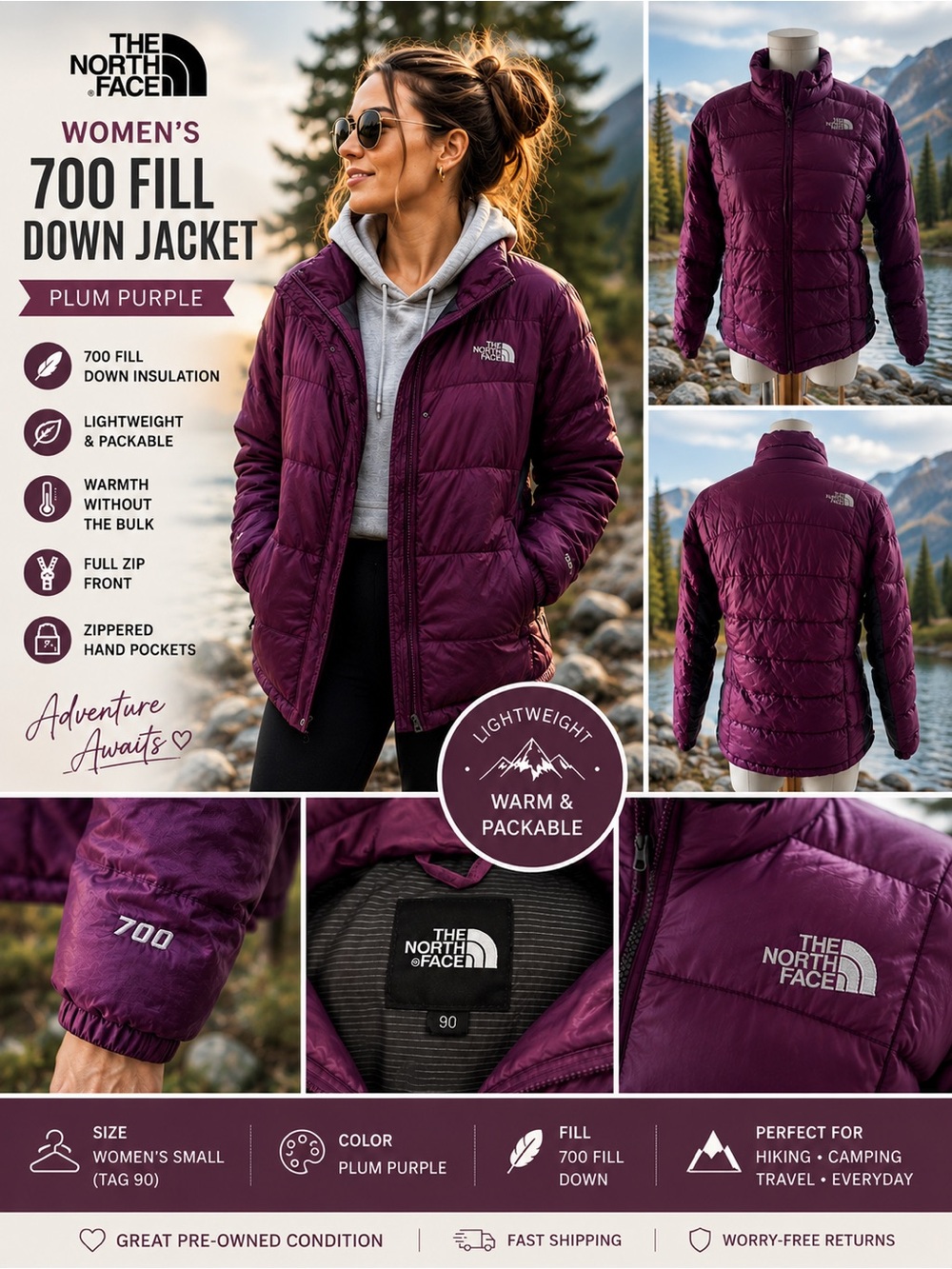 The North Face 700 Fill Down Puffer Women’s Small Plum Purple Lightweight Jacket
